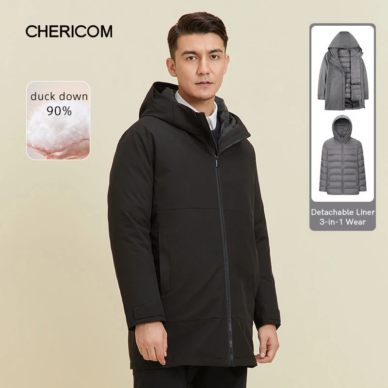 Chericom, chaquetas gruesas con capucha extraíbles de invierno para hombre, abrigo de plumón de pato, chaqueta informal de negocios cálida 269668