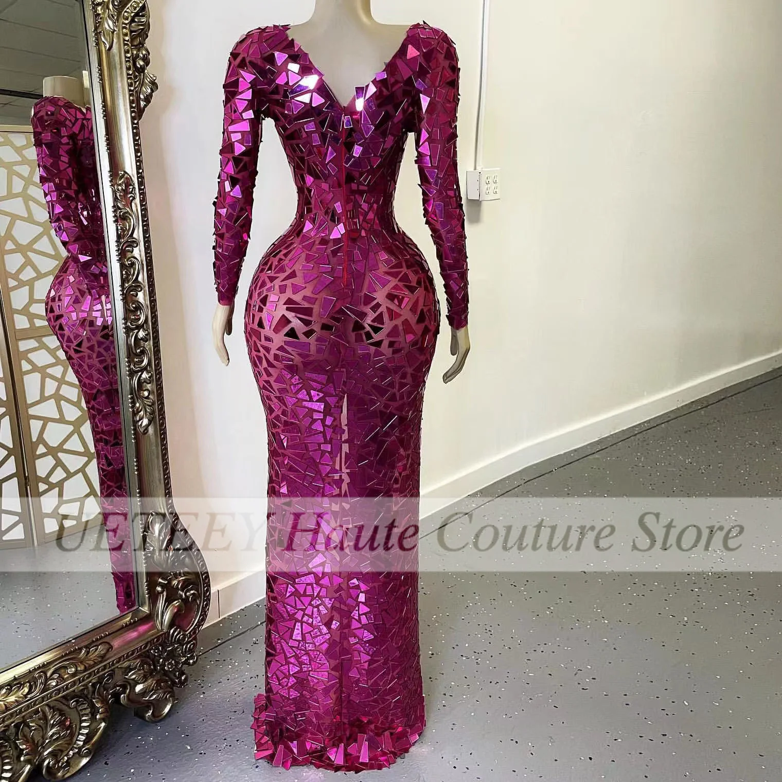 Sparkly Sexy Mermaid Prom Dresses For Women Sequined Long Sleeve High Split Nightclub Stage Festival Outfit Evening Dress