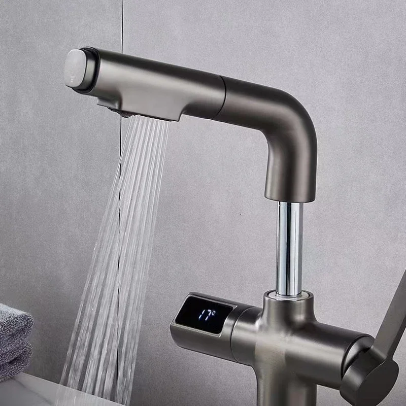 Black Brass Bathroom Sink Mixer Set Lift and Pull-Out Washbasin Tap Digital Display Mixer for Stylish and Functional