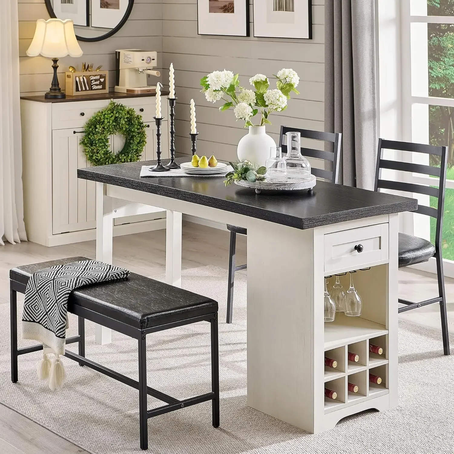 Dining Table Set for 4, 55" Large Kitchen Table Set with 2 Chairs & Bench, Rustic Wood Dining Bar Table w/ Drawer and Wine USA