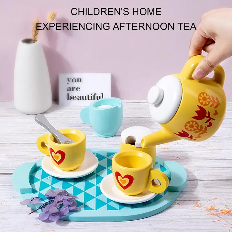 Juego de té para niños, juego de té de juguete, juego de rol, juego de cocina con tazas y cucharas, juguetes educativos, juego de té de madera