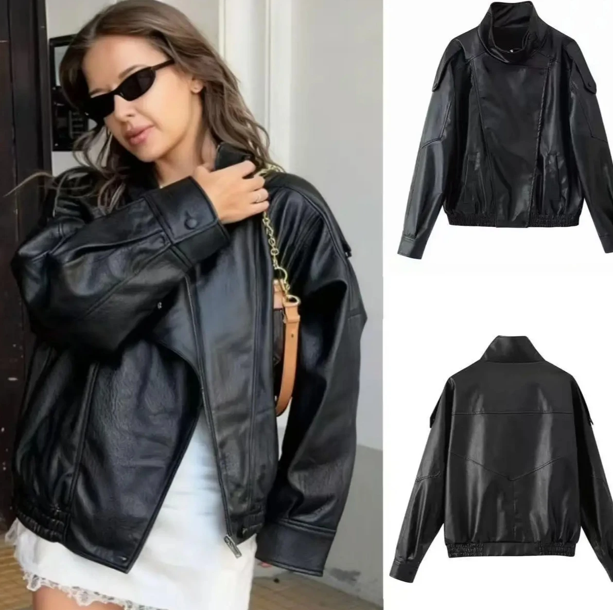 Cross-Border Women's Mid-Age Fashion Coat, Long Sleeve Stand Collar Leather Jacket, Elegant Autumn Winter Outerwear
