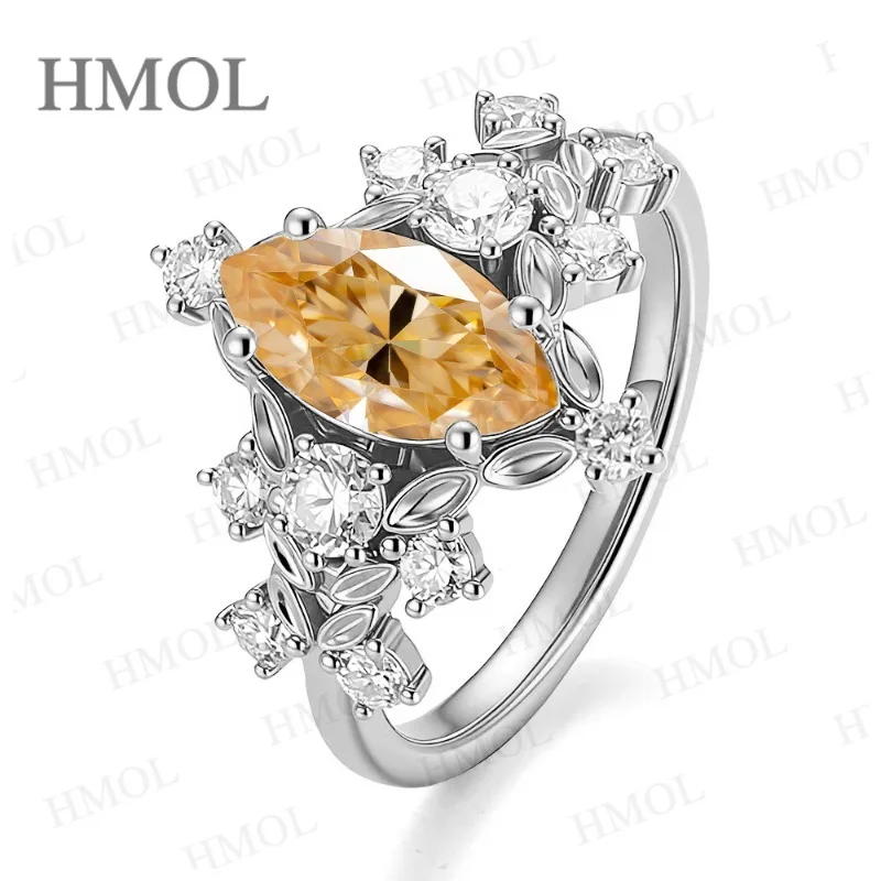 Moissanite Ring 925 Silver GRA Certified D Champagne Black Stone Marquise Cut Fine Jewelry Factory Direct Daily Match Accessory