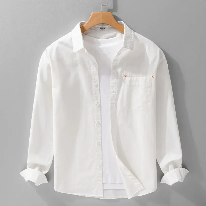 6131 Japan Fresh Style 100% Cotton Men\'s Casual Shirt Spring Fashion Solid Color Pocket Patchwork Long Sleeve Slim White Blouses