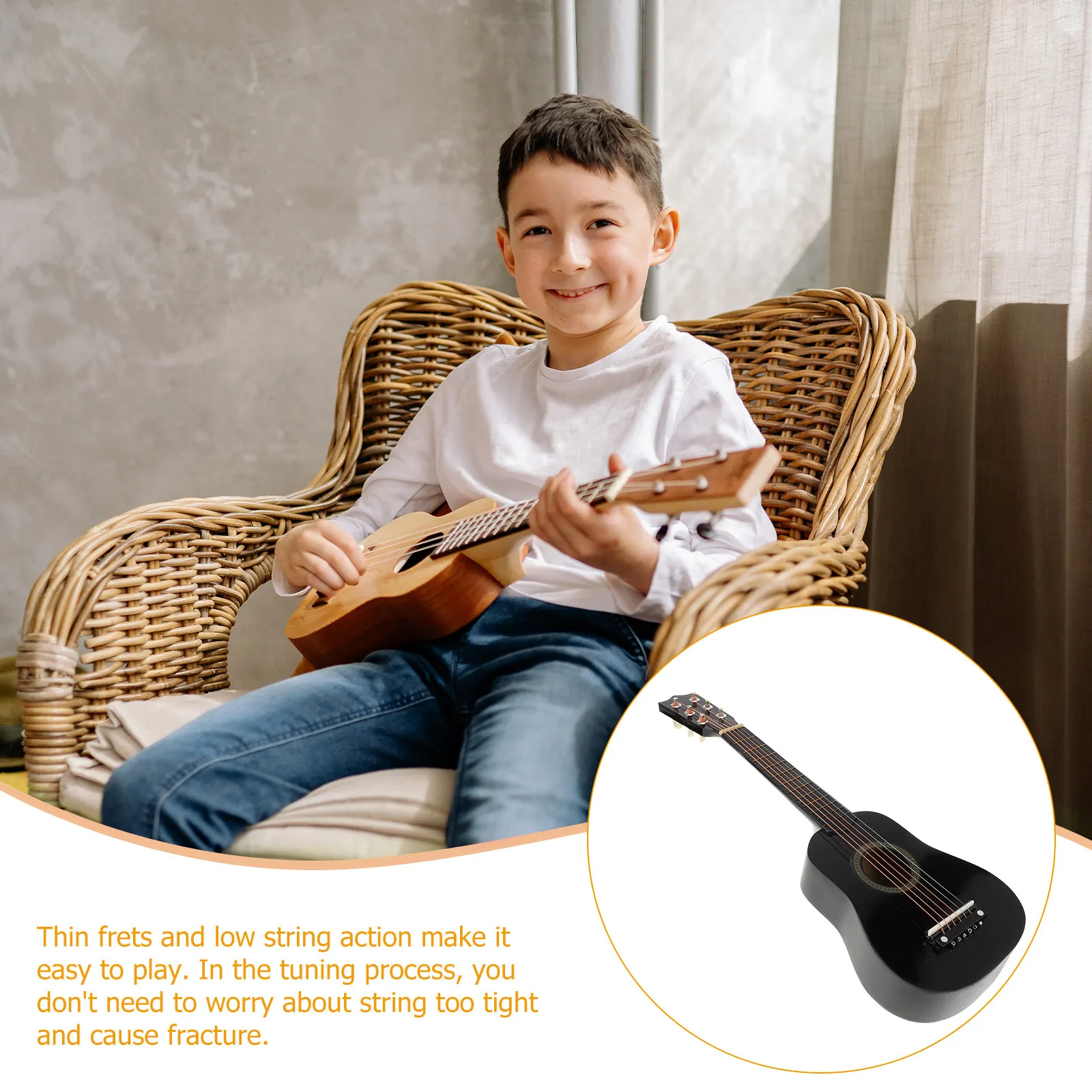 

21 Inch Black Wooden Acoustic Guitar for Kids Children Portable Beginner Musical Instrument Full Elasticity Soft Touch Not