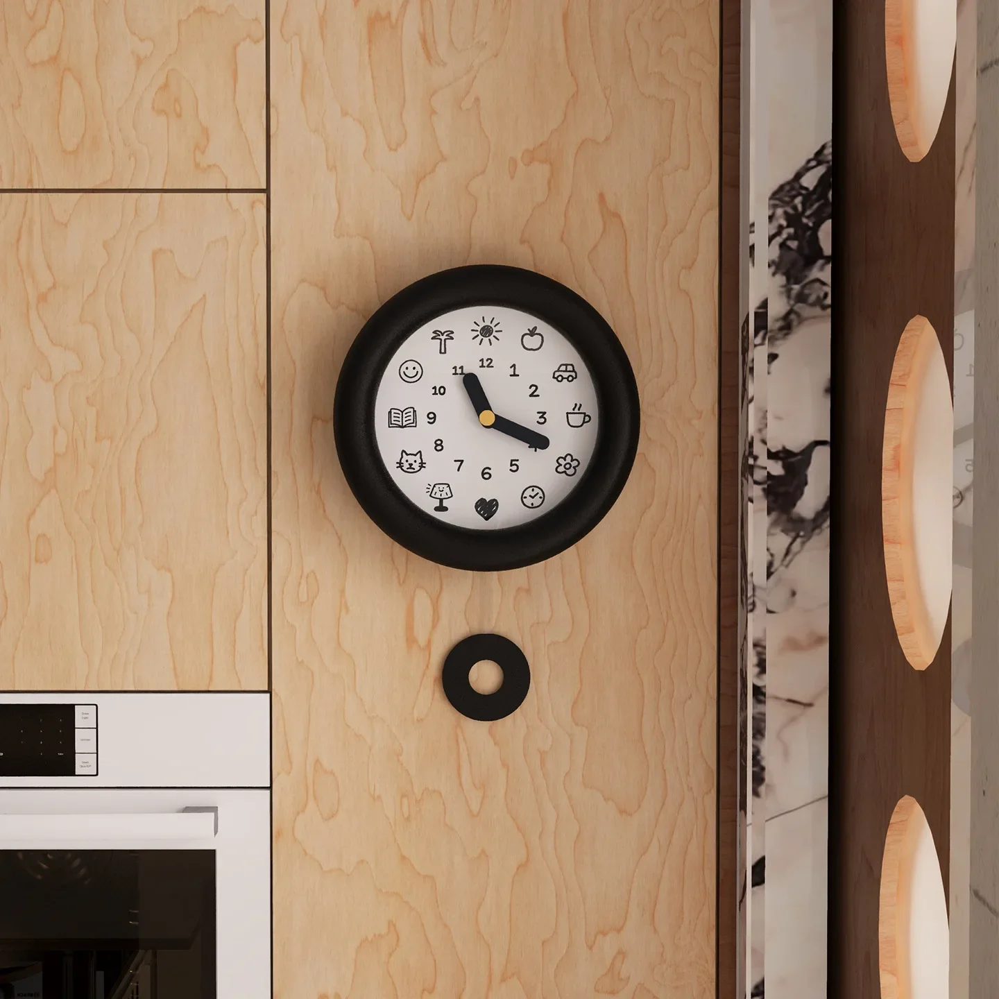 Minimalist Black Round Wall Clock Room Decoration with Cute Hand-Drawn Doodle Mute Clock for Bedroom Living Room Home Decor Gift