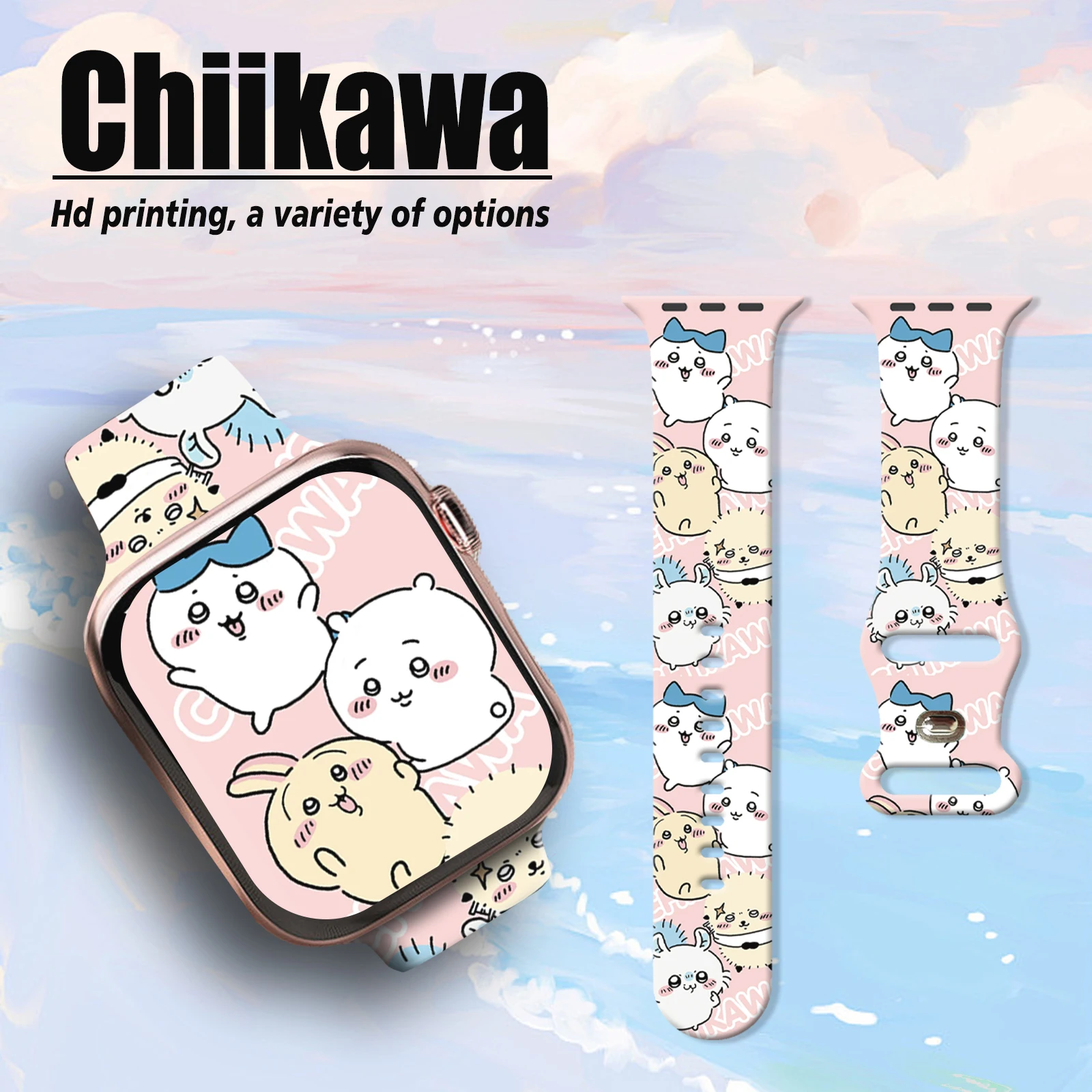 حزام طباعة سلسلة Chiikawa Clumsy-cute لساعة Apple 11/10/9/8/7/SE، سوار سيليكون بديل ناعم مقاوم للماء 46/45/44/42 ملم