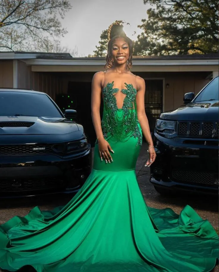 Emerald Green African Mermaid Evening Formal Dress for Black Girl Luxury Diamond Tassel Sheer Prom Gala Birthday Gown customsize