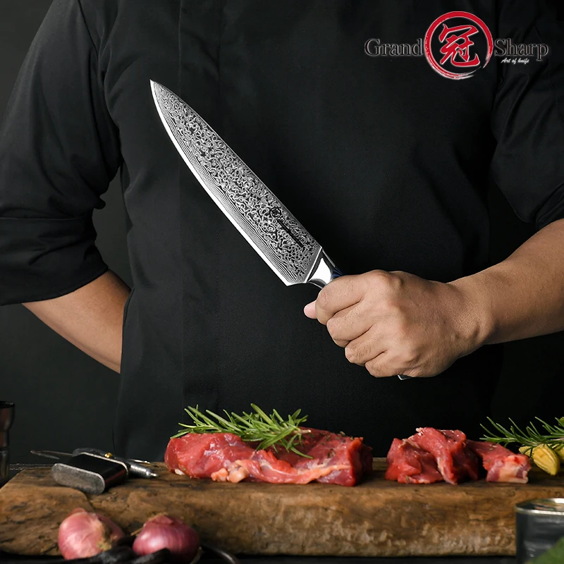 Grandsharp 8 Inch Kitchen Knife 67 Layers Japanese Damascus Chef Knife AUS-10 Steel Damascus Knives Stainless Steel G10 Handle