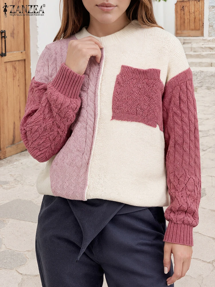 

ZANZEA Women Sweaters Pullovers 2025 Autumn Patchwork Kintted Jumper Stylish Long Sleeve Winter Sweater O Neck Jumper Streetwear