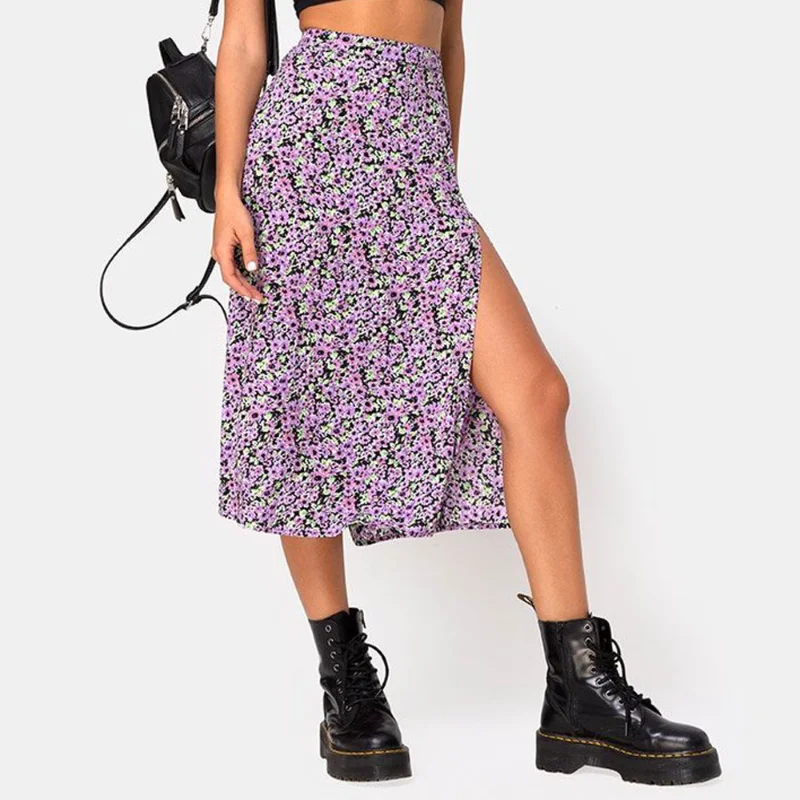 

YEMOGGY Elegant vintage floral print skirt for Summer Women's Skirts 2023 New Skinny Elastic High Waist A-line Midi Split Skirt