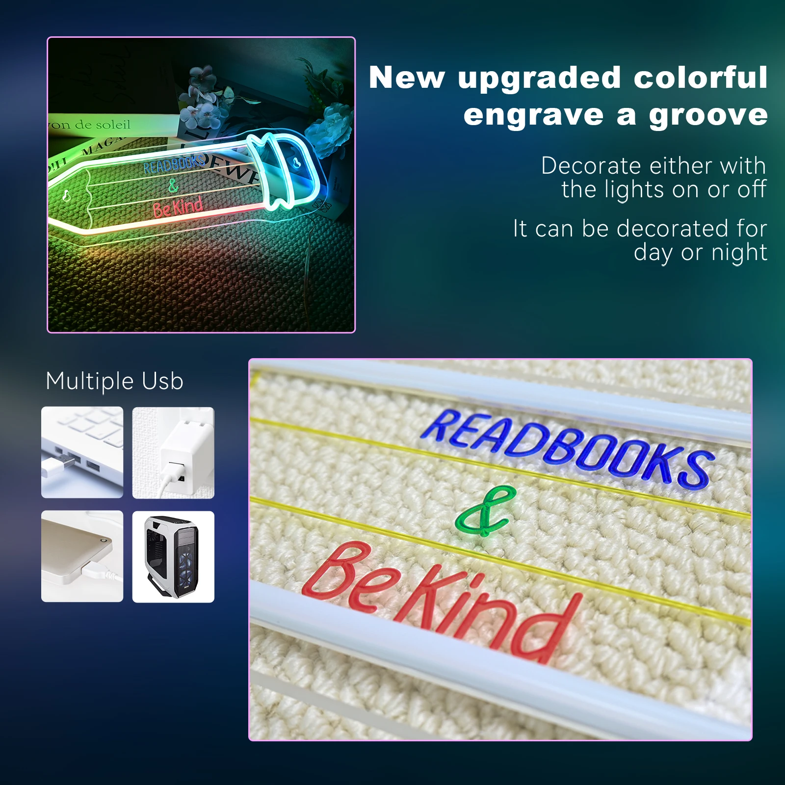 Read Books Be Kind Neon Sign LED Lights Pencil Shaped Signs Room Decoration Home Bedroom School Classroom Library Study Club