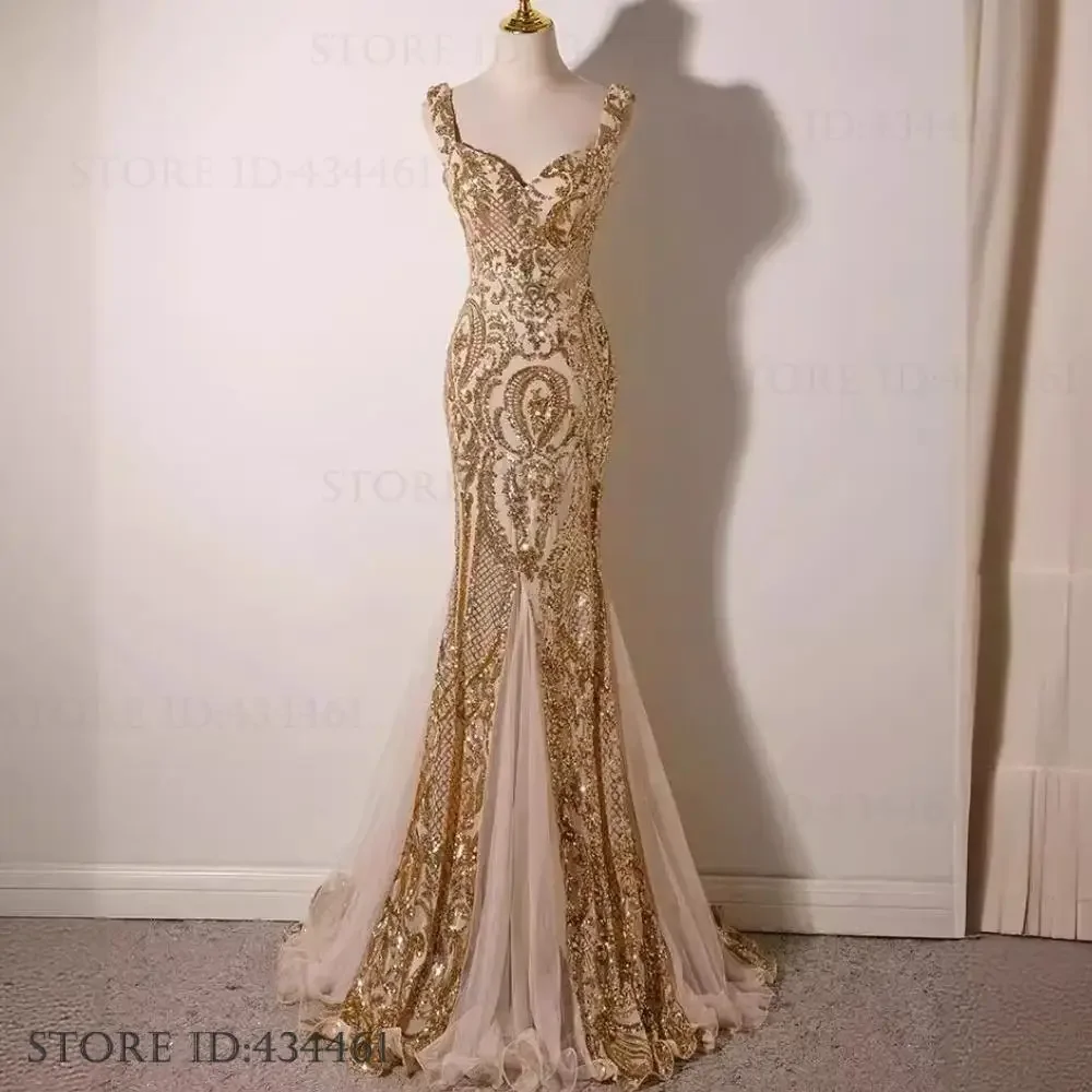 Vestido largo sexi de sirena con tirantes, vestido de fiesta para banquete, vestido de fiesta de noche con lentejuelas doradas para mujer, Vestidos ajustados de malla de retales