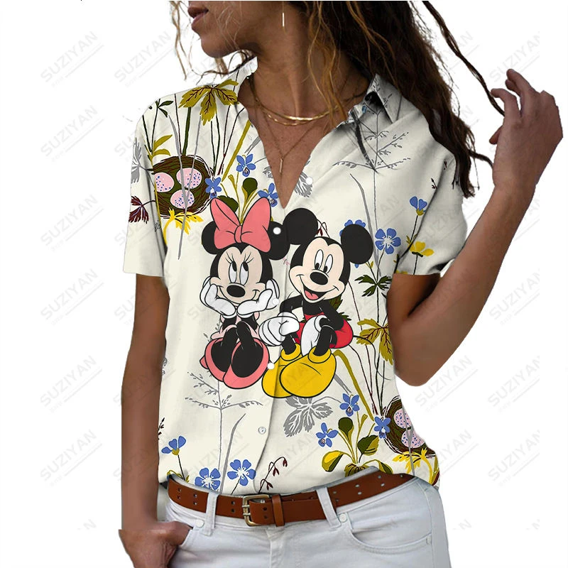 Camiseta informal con estampado 3D de dibujos animados de Disney, Rebeca holgada de manga corta Harajuku hawaiana con botones, novedad de 2023