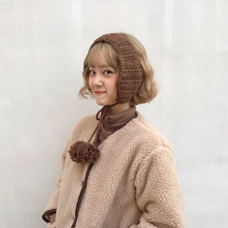 Koreanische INS süße gestrickte Ohrtasche mit Pom-Pom-Quaste, Woll-Ohrenschützer für Herbst und Winter, Gehörschutz