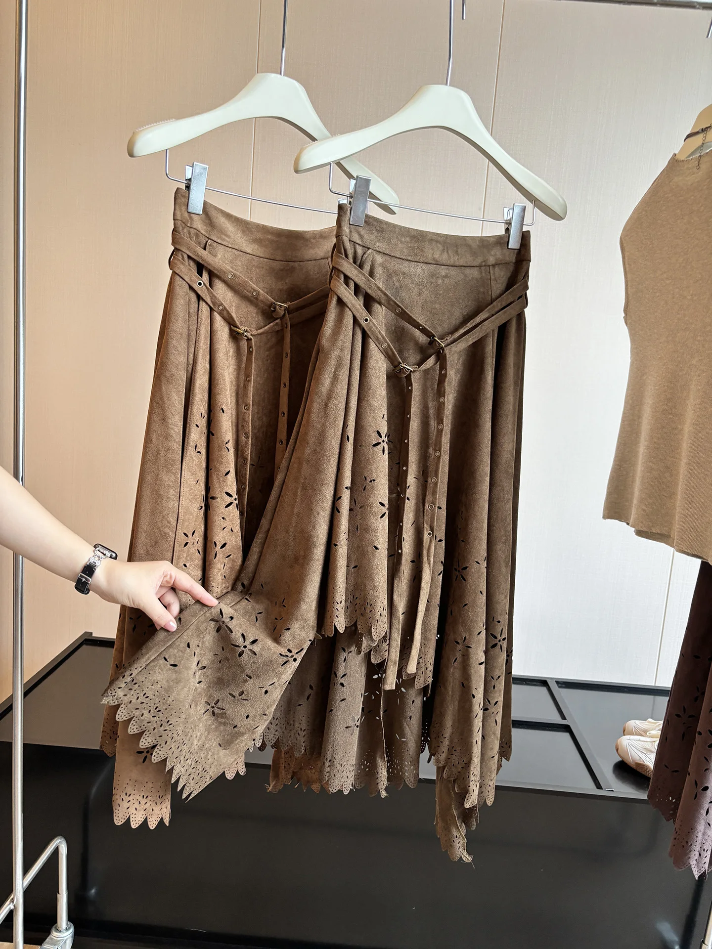 DIYI Autumn Pompom Half Skirt Pasture Faux Leather Drapey Asymmetrical Hollow out Midi Skirt Women High Waist A-Line Skirt