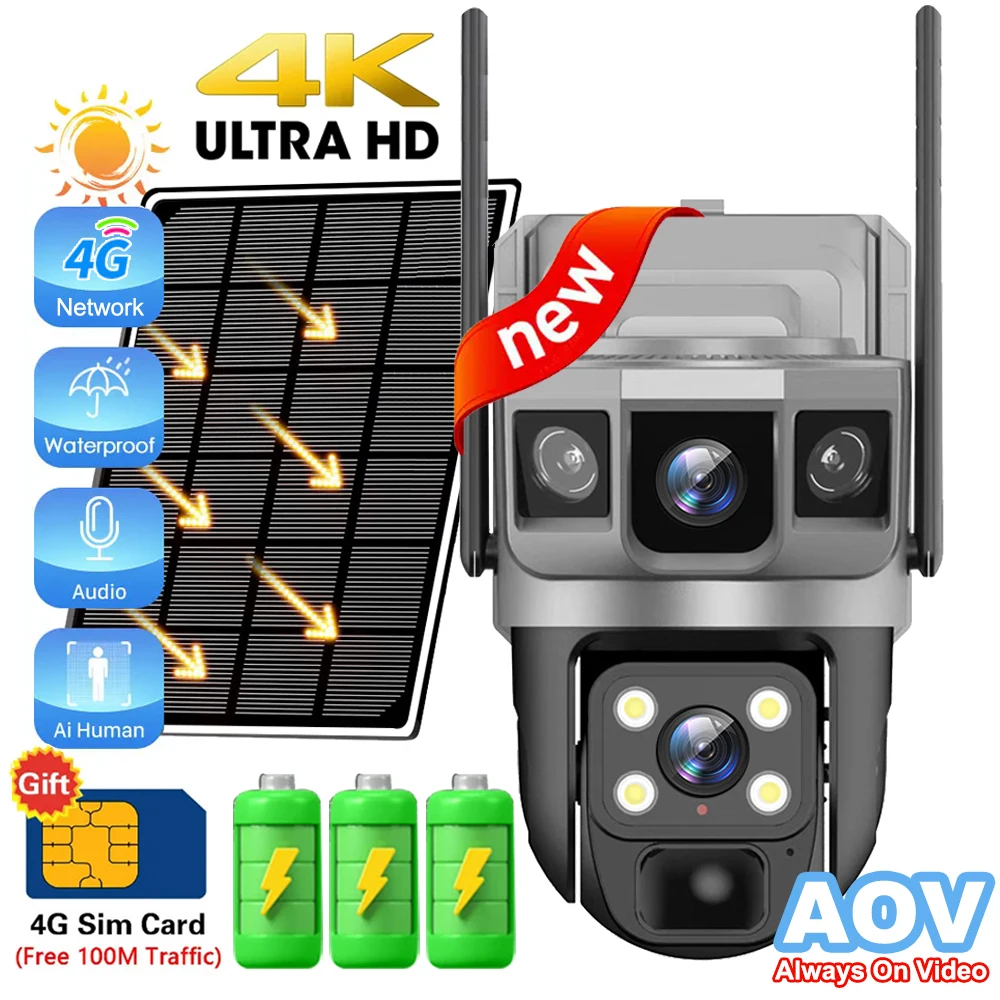 Cámara Solar 4G con grabación de 24 horas, dispositivo con tarjeta Sim,visión nocturna, detección PIR, lente Dual, Monitor CCTV