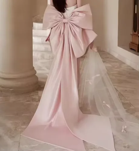 Pink Satin Wedding Detachable Big Bow With Ribbons Formal Party Removable Train Prom Bridal Oversize Knots Customized 2025