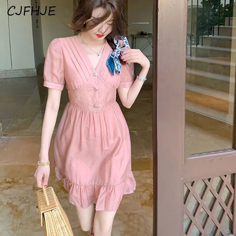 

CJFHJE Pink Mini Dress Women Elegant Y2k Evening Party Dress Korean Fashion One Piece Chic Designer Chiffon Bodycon Dress Summer