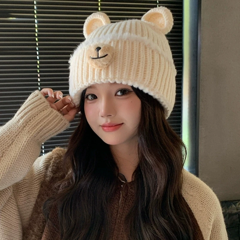 Herbst- und Wintermütze im koreanischen Stil für Frauen, Bärenohren, süße und niedliche vielseitige Wollstrickmütze, Gehörschutz, warme kalte Mütze – Detail 2