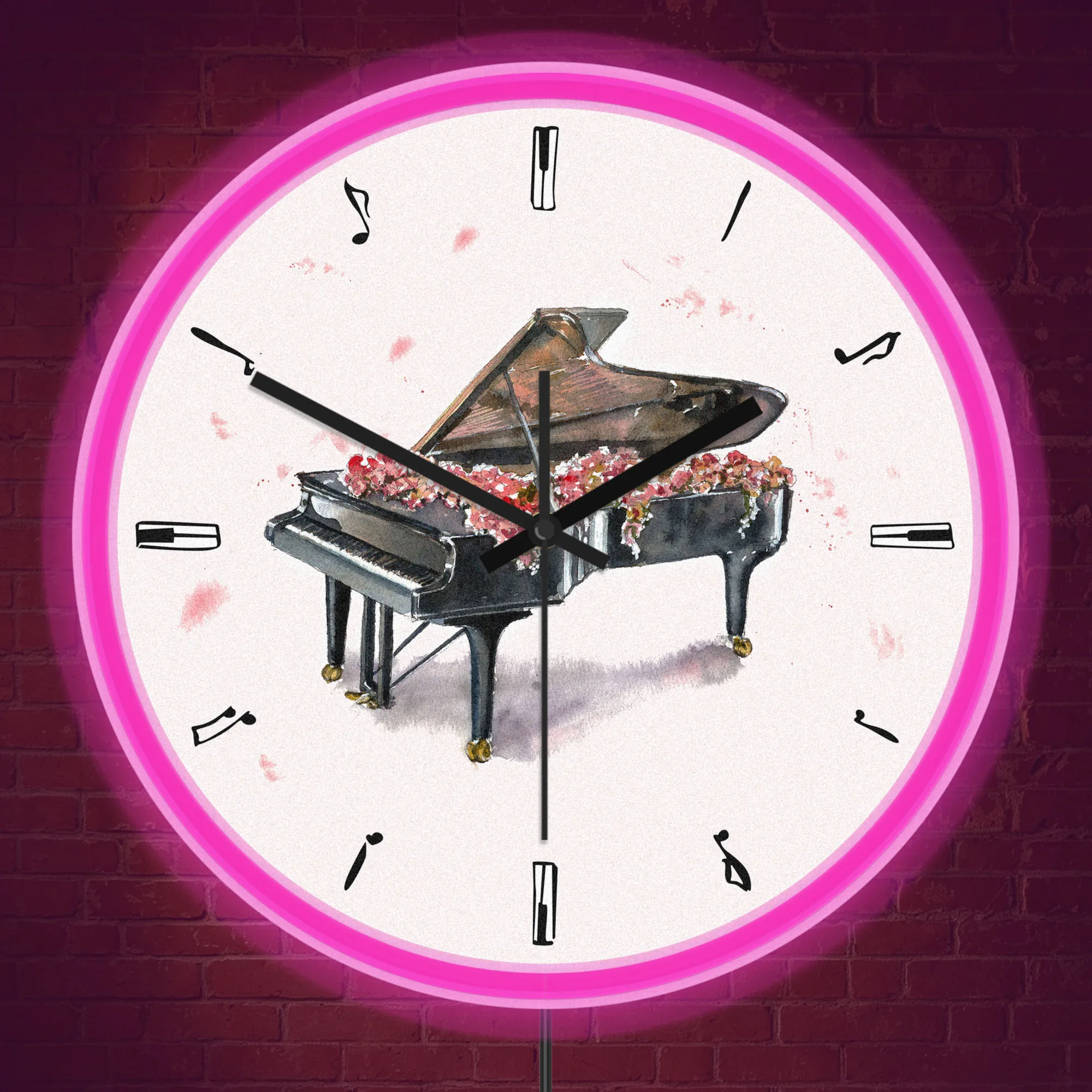 Musical Note Grand Piano Neon Rim Wall Clock Glow in the Dark Illuminated Wall Sign for Music Studio Music Teacher Pianist Gift
