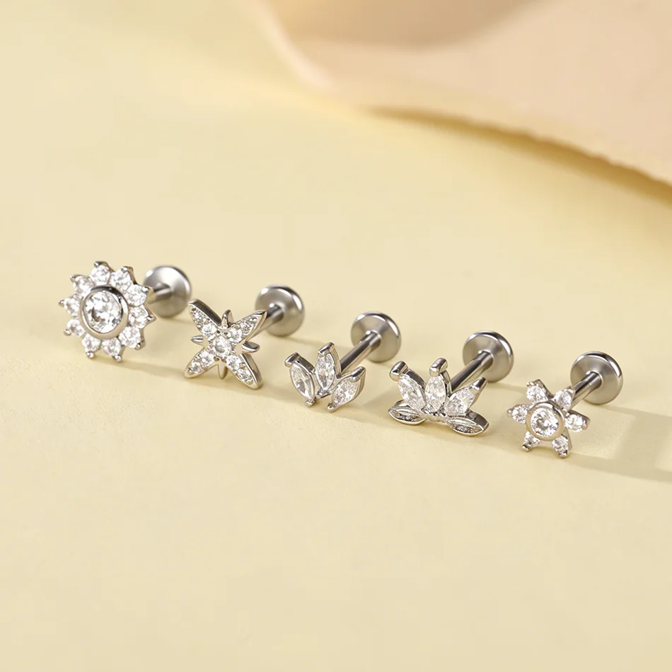 1 Stück Edelstahl Blumen-Zirkon Helix-Ohrstecker für Frauen, Innengewinde-Labret-Ohrstecker, Lippenring, Körperschmuck – Detail 3