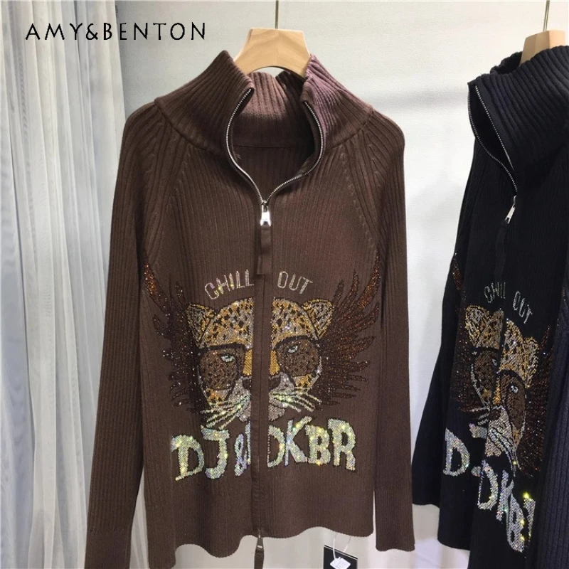 

Autumn Winter New Style Y2k Thickened Warm Rhinestone Jacket Women's Leopard Cardigan Zipper Knitted Sweater High-neck Sweater