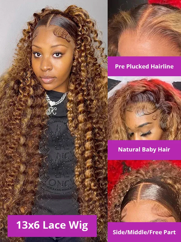 Highlight Wig Human Hair Ombre Colored Transparent Hd Lace Wig 13x6 Deep Wave Jerry Curly Lace Frontal Human Hair Wig Brazilian Swiss Full Lace 13x4 Water Wave Glueless Wigs Human Hair For Black Women image 3