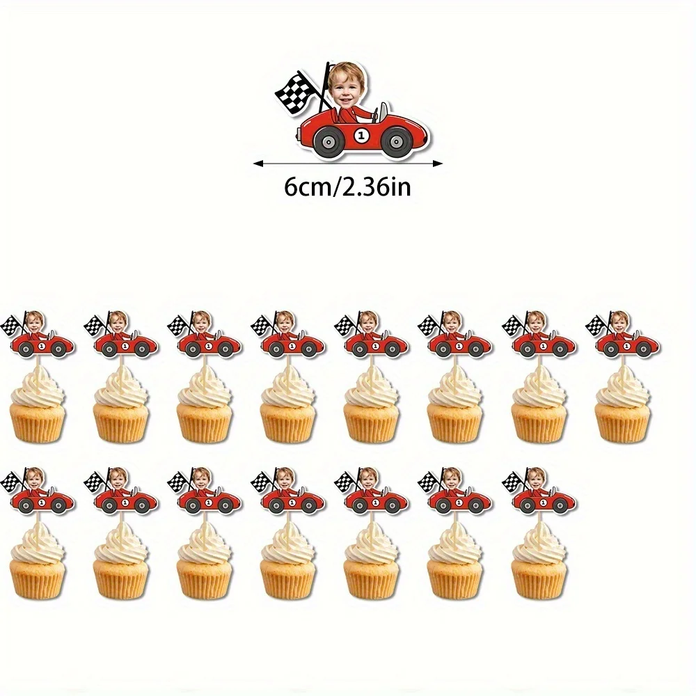 Personalized Racing-Themed Cupcake Decorations, Custom Racing Driver Face Cupcake Toppers, Suitable for 1St, 2Nd, and 3Rd Birthday Party Cake Decorations, Let's Go Racing Sports-Themed Supplies, Fast One/Two-Themed Racing Birthday Celebrations view 2