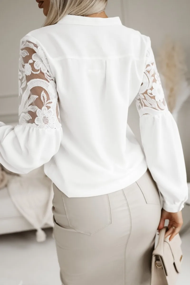 Autumn and Winter Women\'s Solid Elegant Lace Spliced Top Long Sleeved Button Casual Shirt