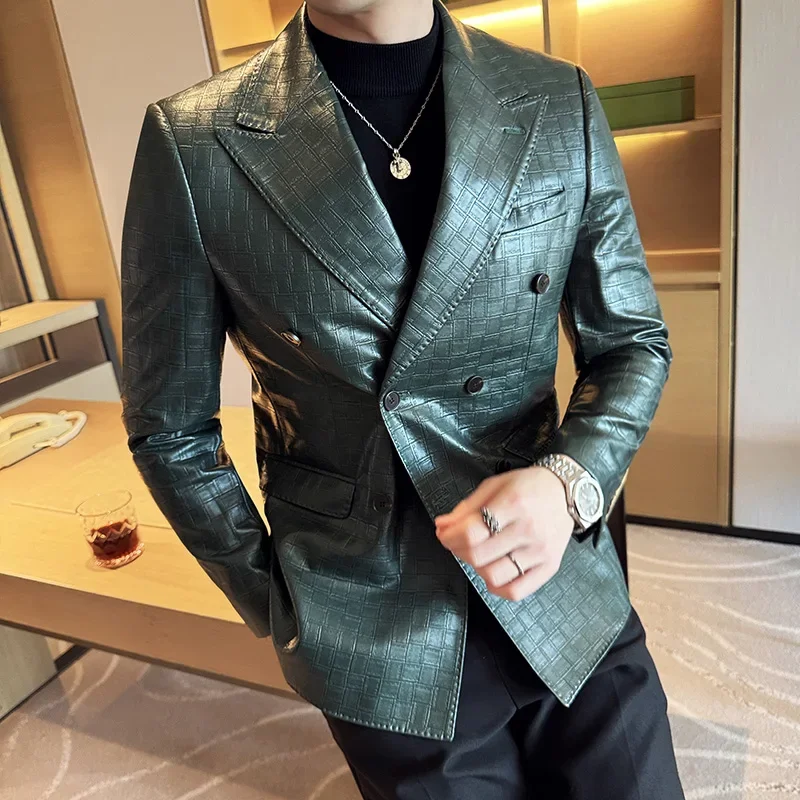 High Quality Square Grid Double Breasted Leather Jacket Fashion Business Slim Fit Casual Men Suit Blazer Tuxedos Men Clothing