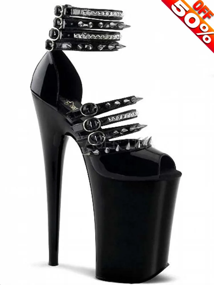 

Crossdresser Sexy Fetish stripper heels Punk Women's Shoes 8inch platform Black Gothic Sandals 20cm Rivet Pole Dance Punk Models