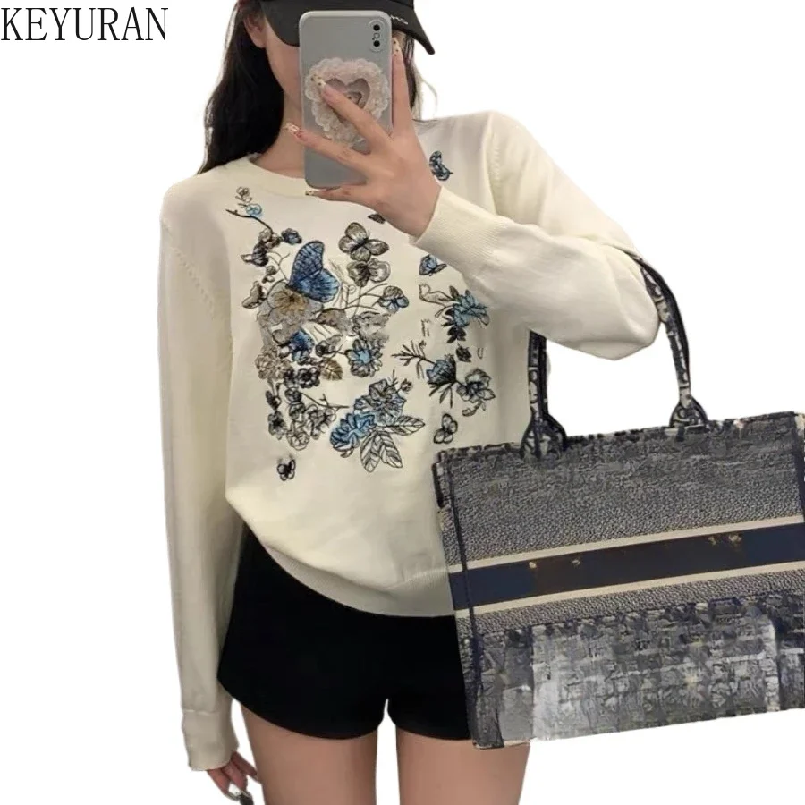 Spring Autumn Butterfly Flower Embroidery Sweaters Women Design Runway O-Neck Long Sleeve Knitted Pullover Sweater Mujer Jumper