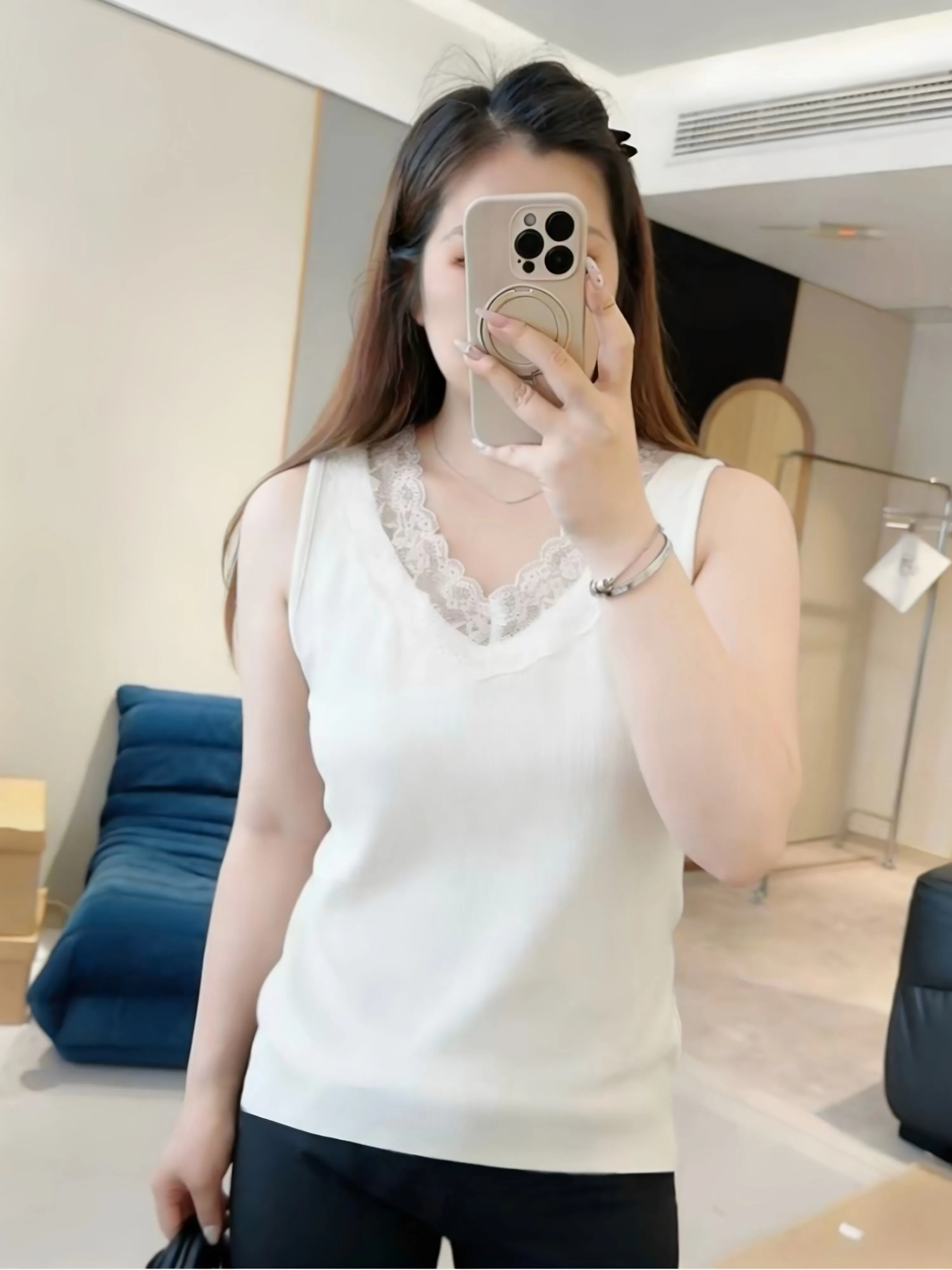 Women's Lace V-neck Strapless Tank Top Summer New Style plus Size Slim Fit Base Layer Sleeveless Shirt Cotton 95% Spandex 5%
