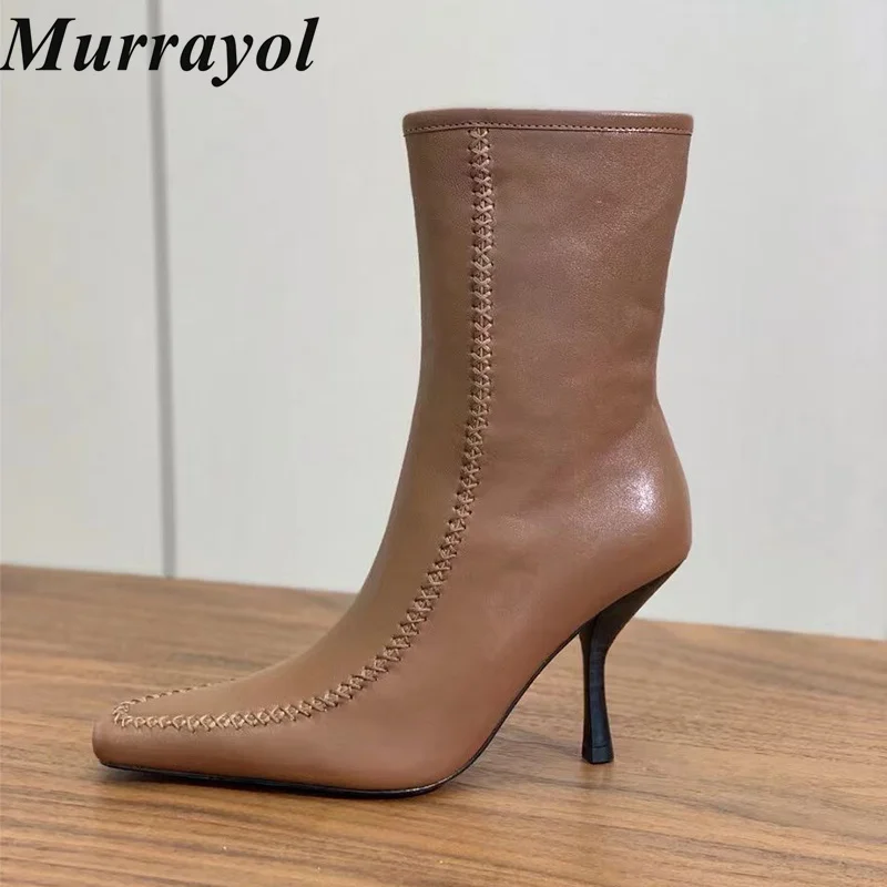 

Pointed Toe Genuine Leather High Heel Chelsea Boots Zipper Design Women British Style Short Boots Spring Autumn Modern Booties