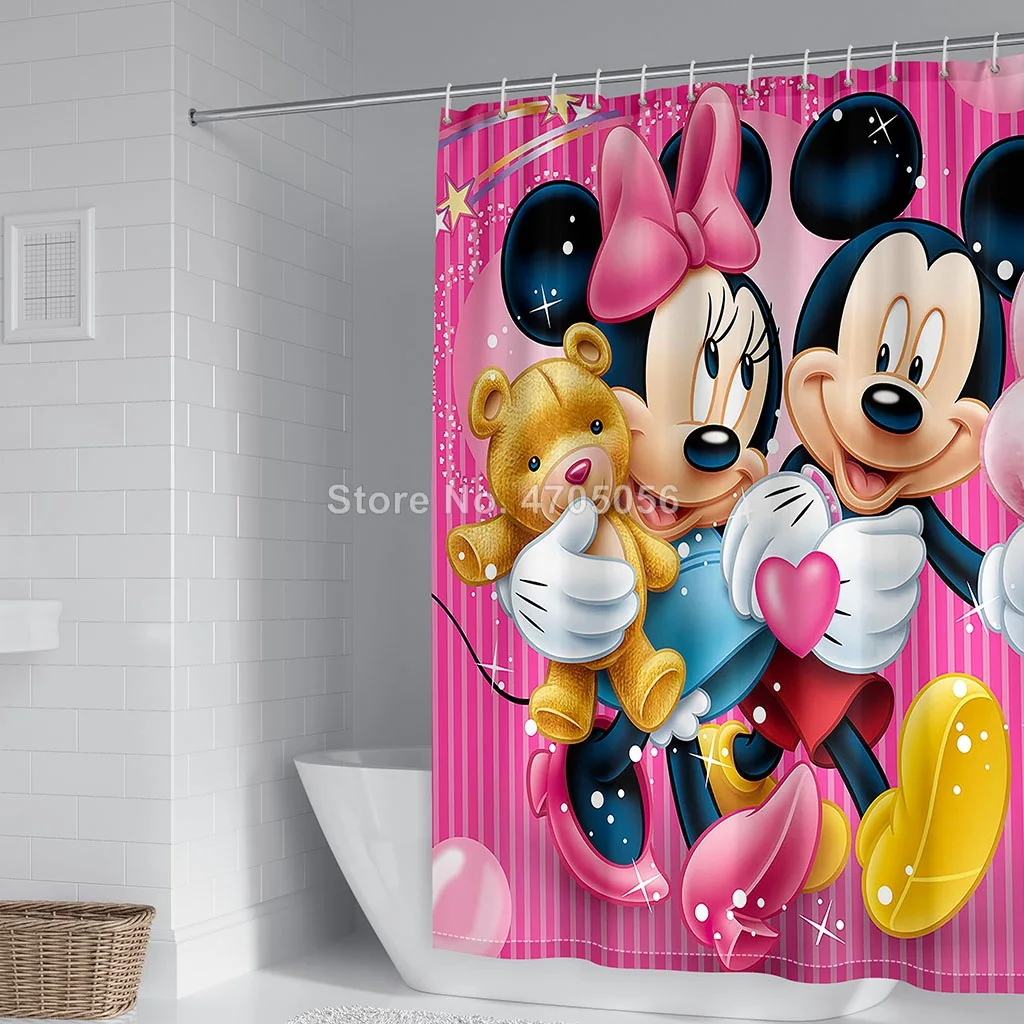  Anime Mickey Minnie Mouse Shower Curtain Cartoon 3D Print Wash Waterproof with Hooks 180x180cm for Baby Kids Bathroom