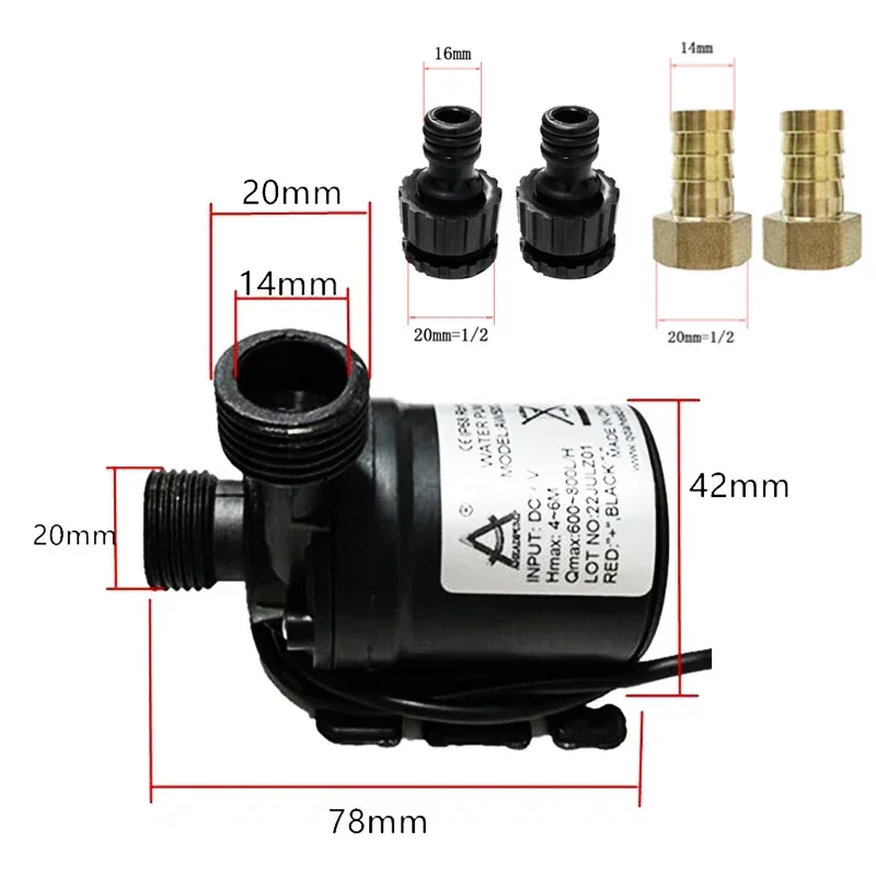 DC12V 24V High Voltage Ultra-quiet Solar Water Pump Lift 5M 800L/H Brushless Motor Submersible Pump Circulating Pump quick joint