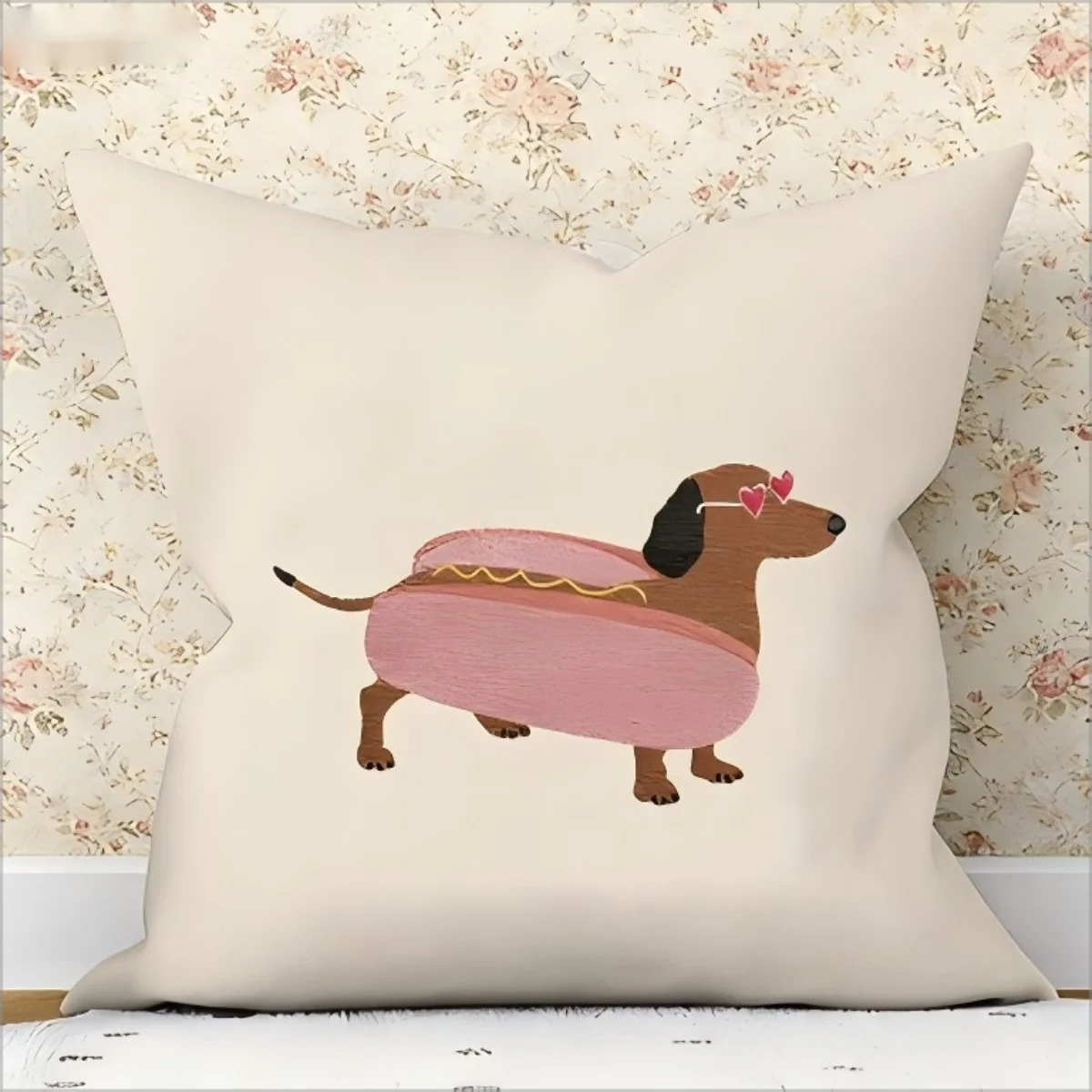 Cute Hot Dog Dachshund Pillow Cover Funny Wiener Dog in Sunglasses Print Beige Cushion Case for Sofa Bed Couch Home Decor