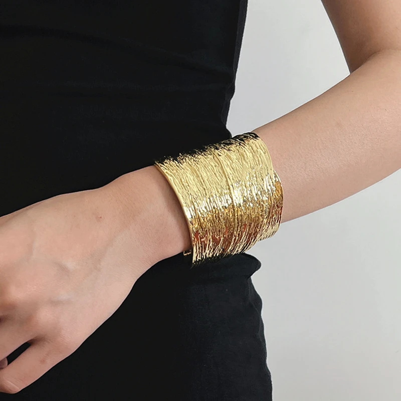

Vintage Irregular Metal Texture Wide Open Bracelets Bangles For Women Gold-plated Exaggerated Chunky Adjustable Jewelry