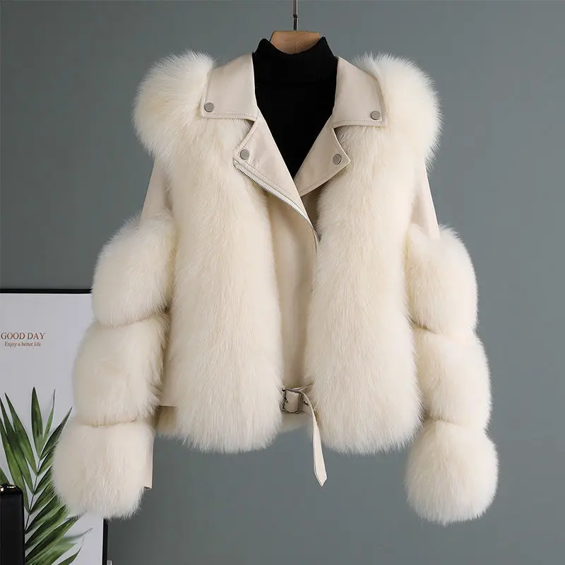 Luxury Leather Jacket For Women Fashion Patchwork Long Sleeve Fluffy Coat Female Elegant Thick Warm Lady Chic Outerwear XQ124