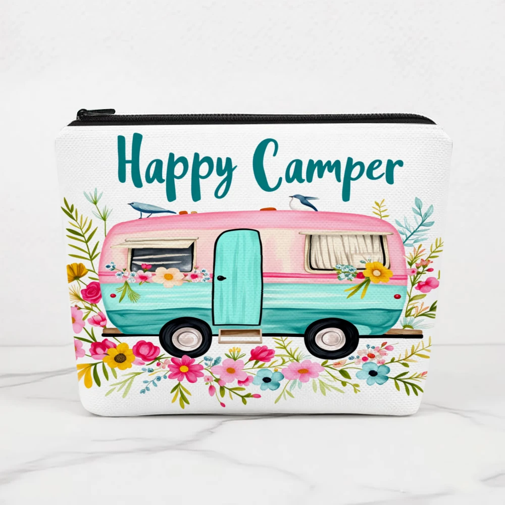 Happy Camper Van Floral Design Makeup Bags for Girls Cosmetic Pouch Toiletry Bag Pencil Case Travel Storage