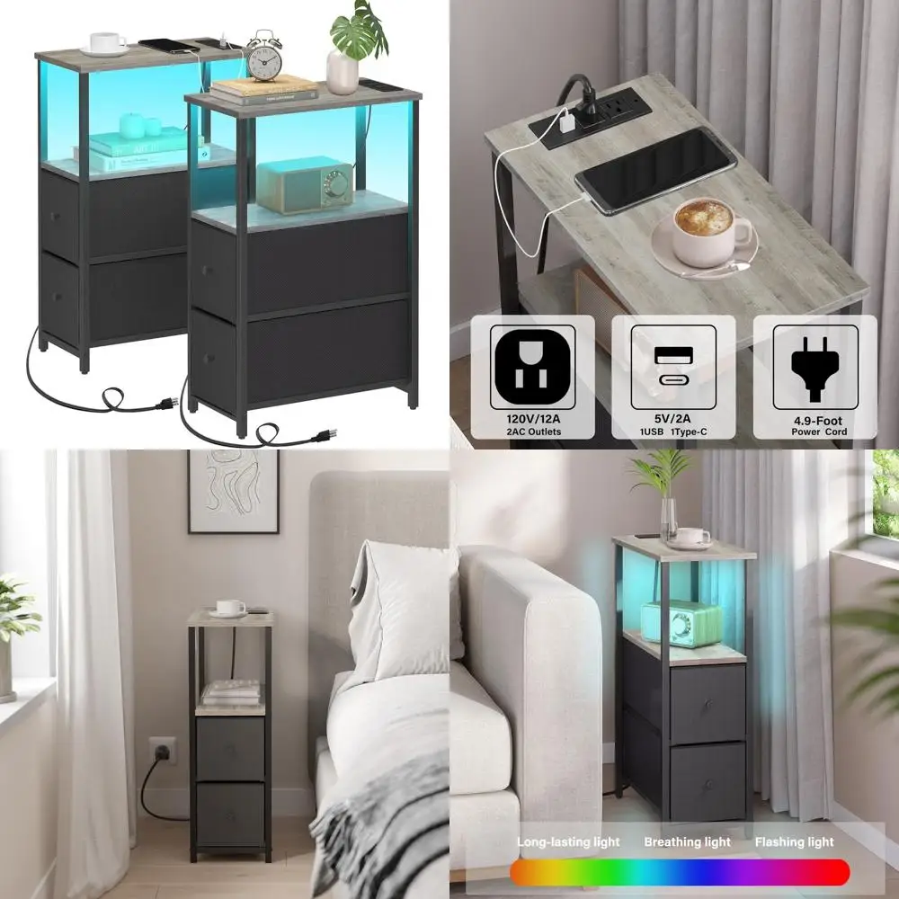 

Set of 2 Modern LED-lit End Tables with Charging Ports, 2 Drawers, Ideal for Living Room, Bedroom, and Bedside in Greige