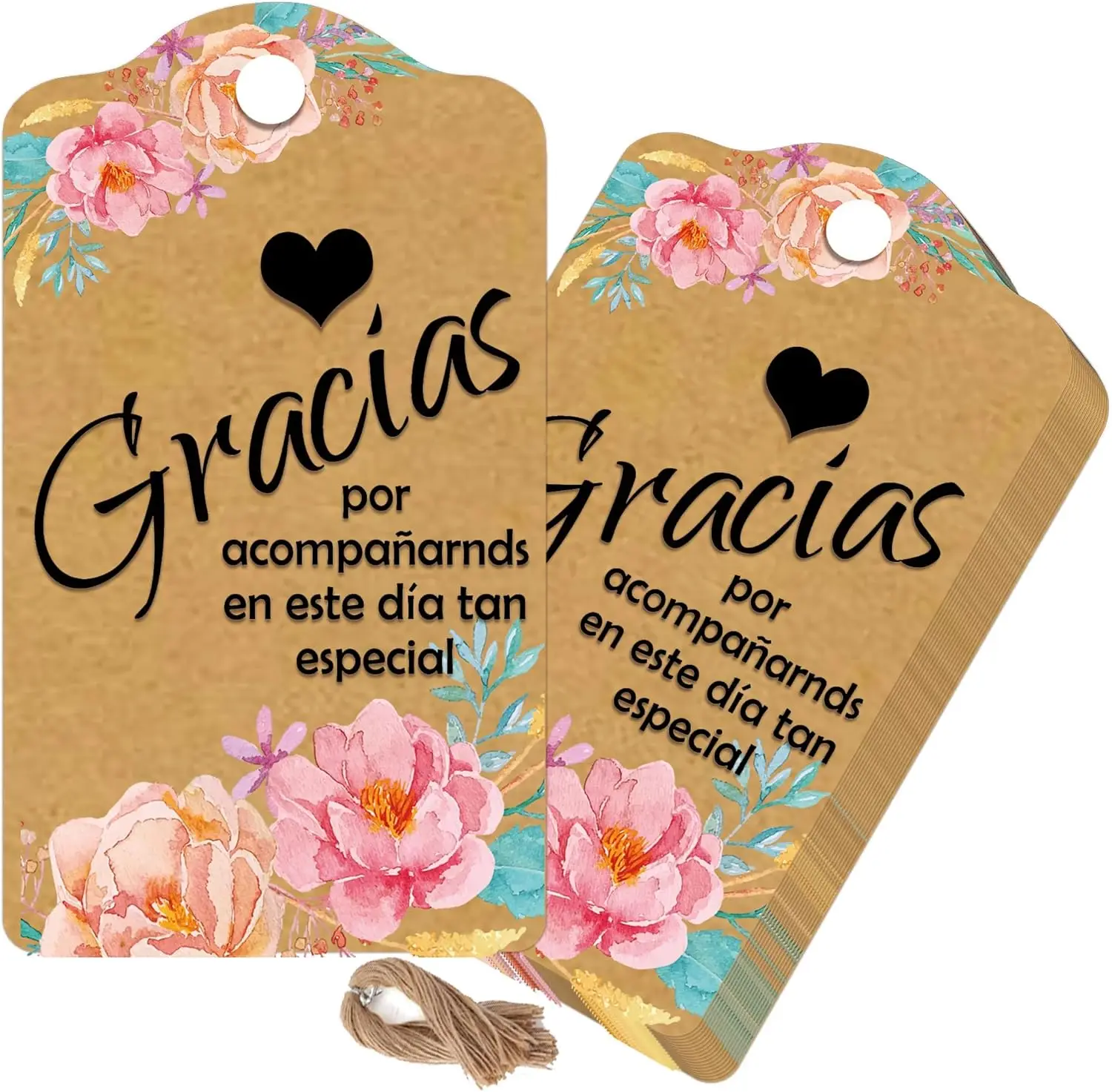 Kraft Gracias Wedding Favor Gift Thank You Tag with Hanging Strings 2x3.5Inch Bouquet Gracias Spanish Wedding Favor Tags 50Pcs