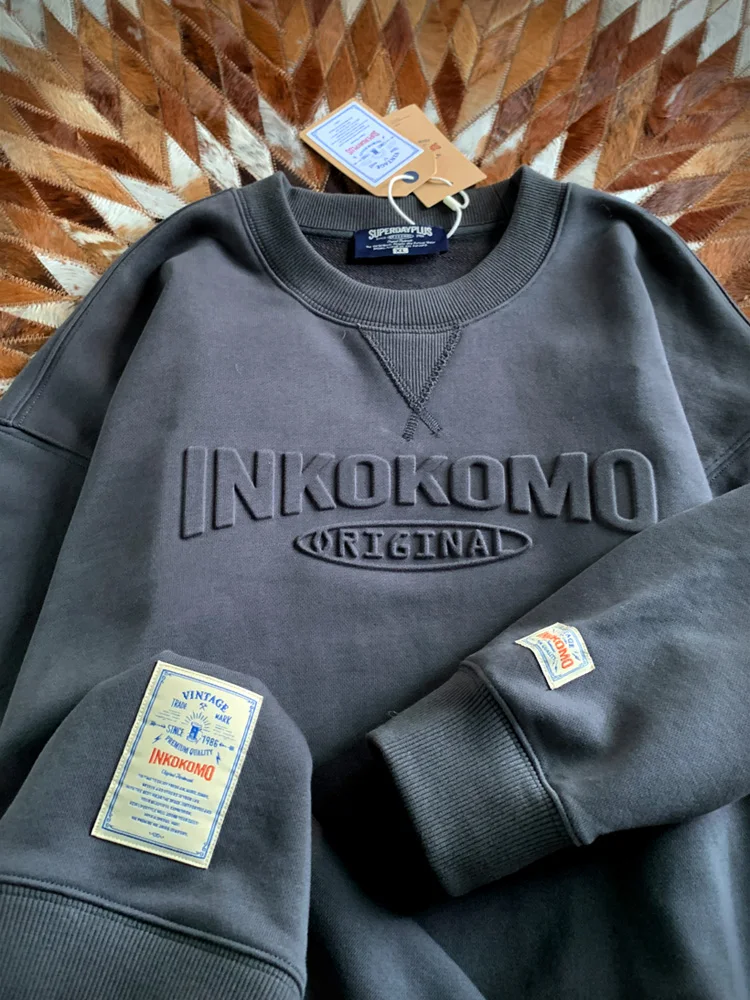 

Retro American Fce Lined Oversized Long Sve round Ne Hoodie ex Autumn Winter Casual Trendy Streetwear Sweatirt