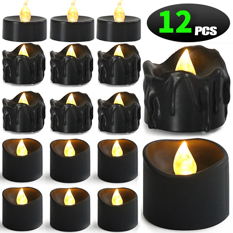 12PCS Flameless Black LED Electronic Candles Battery Operated Yellow Light for Halloween Xmas Wedding Party Decoration