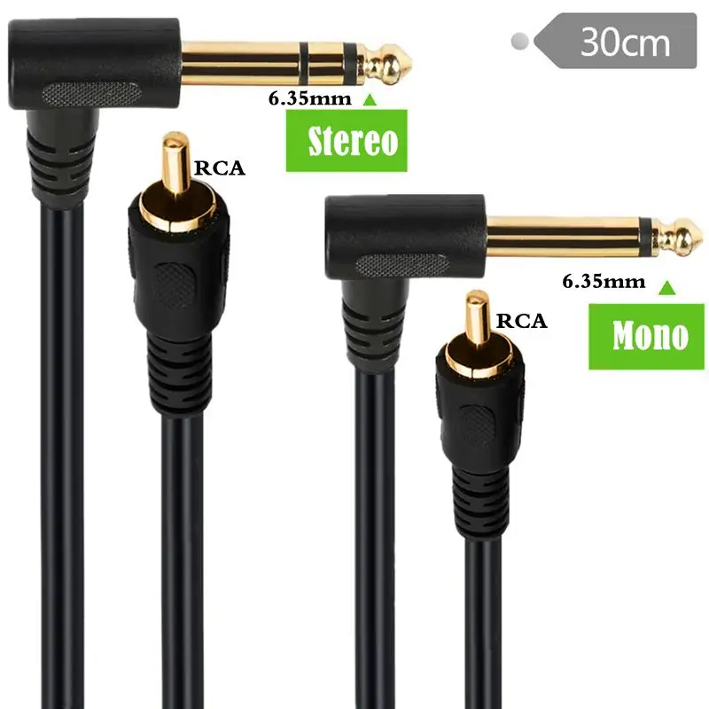 0.3m Pure Copper Core Gold-Plated Head 6.35mm Mono/Stereo Male Bend to RCA Male Speaker Mixer Audio Cable