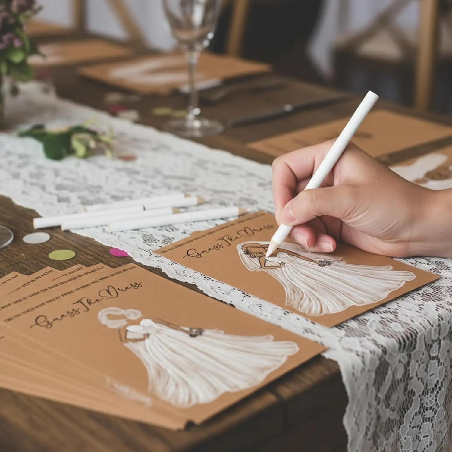 20 Stück Hochzeitskleid-Guess-the-Dress-Spielkarten mit Stiften – Brautparty-Malspiele für Junggesellinnenabschiede und Hochzeitsdekorationen – Detail 7