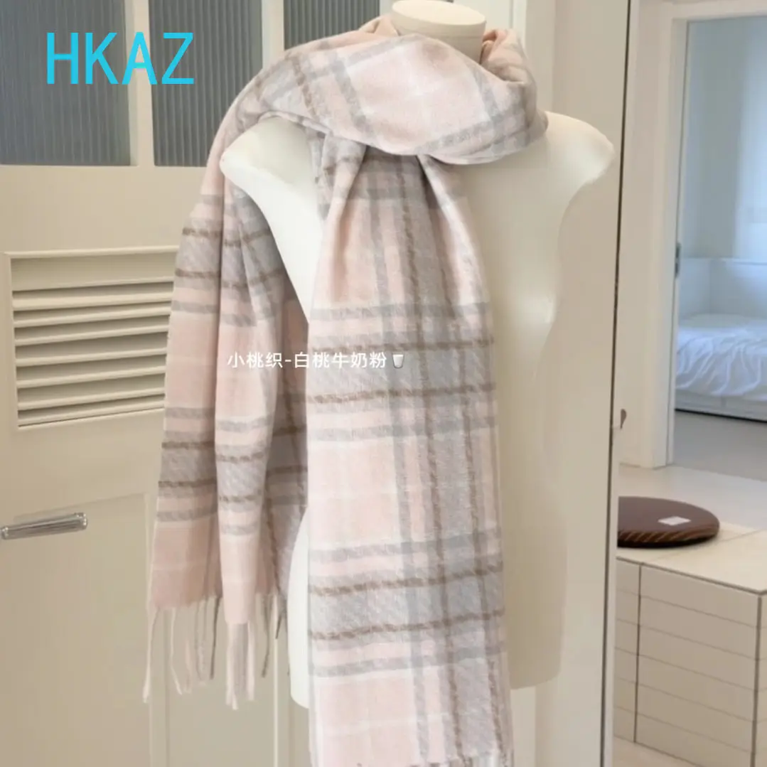 Pink Scarf New Autumn Winter Couple Plaid Scarves Sweet Cute Girl Student Fashion Versatile Outdoor Keep Warm Thickened Shawl