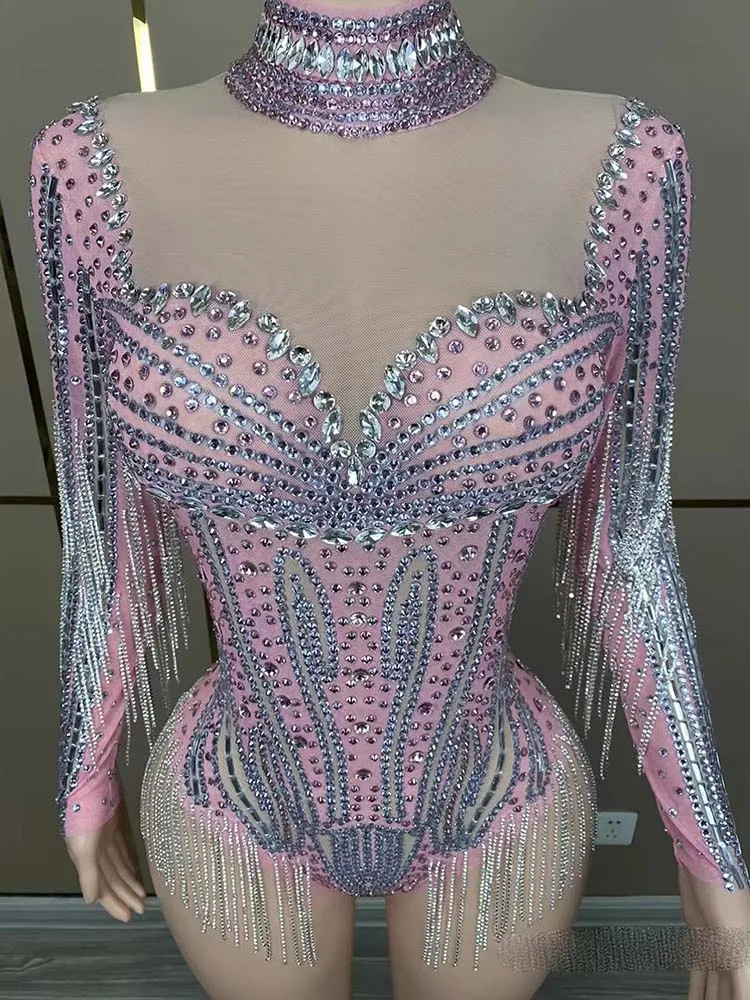 Hoge kwaliteit hot stamping sexy perspectief mesh franje jumpsuit 2025, nieuwe mode aangepaste dameskleding