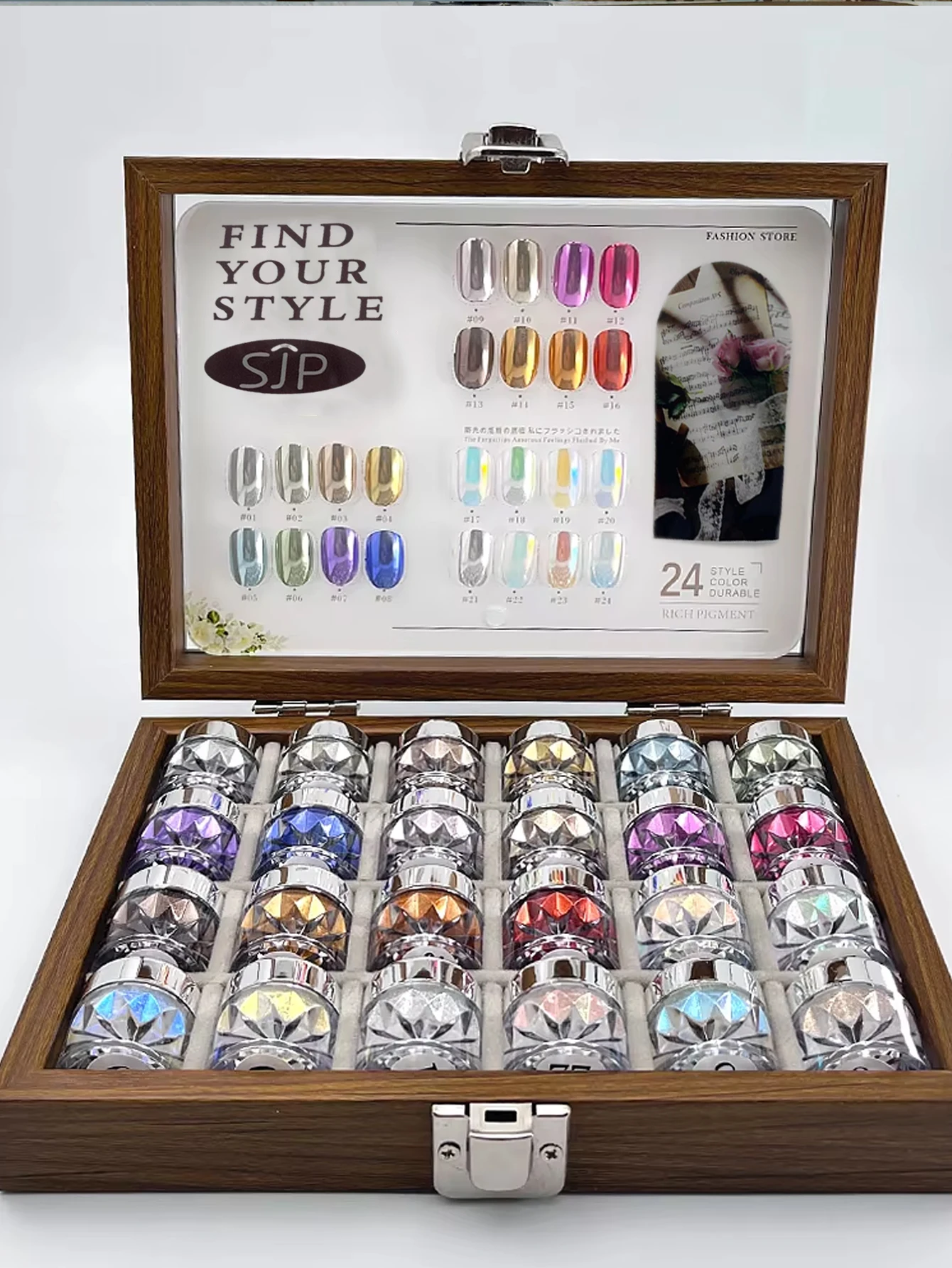 مجموعة مرآة فنية للأظافر عالية اللمعان باللون الوردي على شكل ضوء القمر 1/24 لونًا مع بطاقات ملونة وصندوق تخزين. DIY مسمار الفن، فن الأظافر الفني Charmi #1